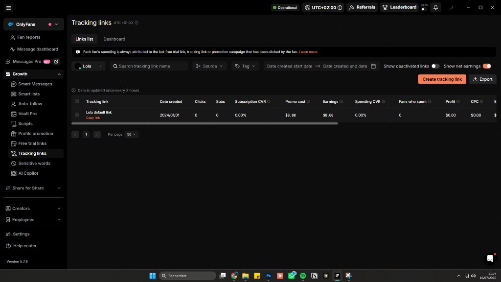 Écran Tracking Links du logiciel